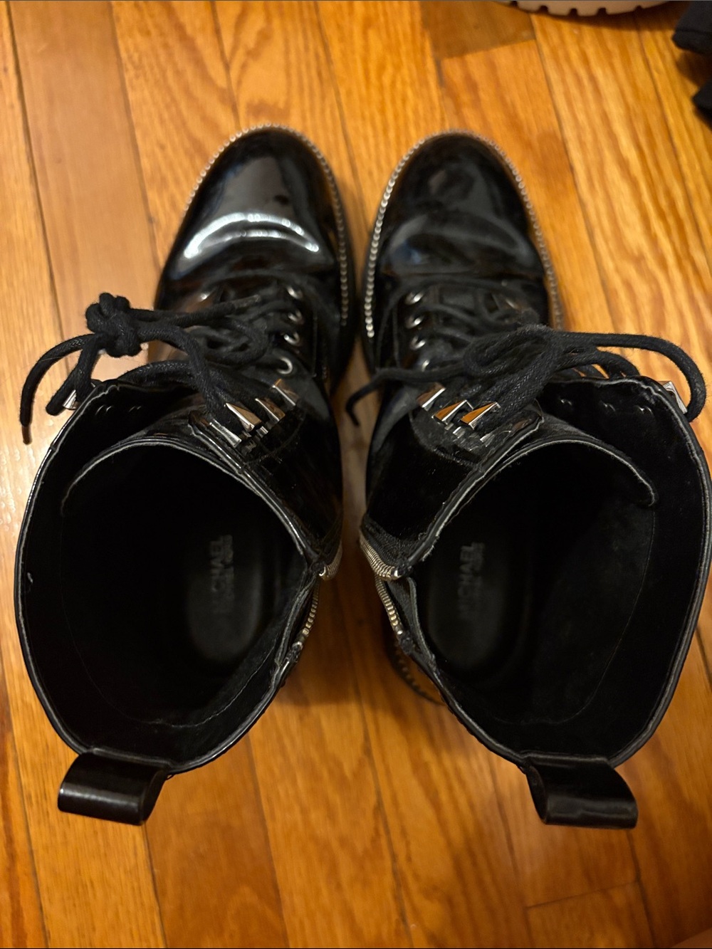 Michael Kors Black Patent Lace-Up Combat Boots with Stud Trim